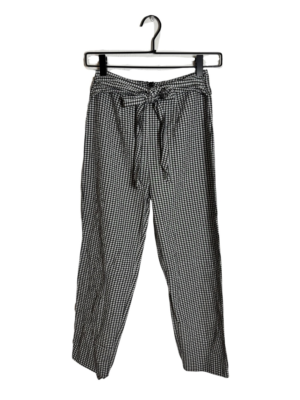 Free People West Side Gingham Tie Waist Pants Black White Seersucker Cropped 0